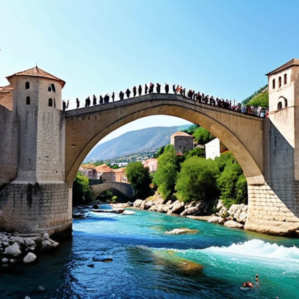 **A vibrant, sunlit scene of Mostar's Old Bridge (Stari Most) spanning the Neretva River, bustling with tourists. In the background, the historic buildings of the old town cascade down the riverbanks. Capture the lively atmosphere and the bridge's iconic arch.**