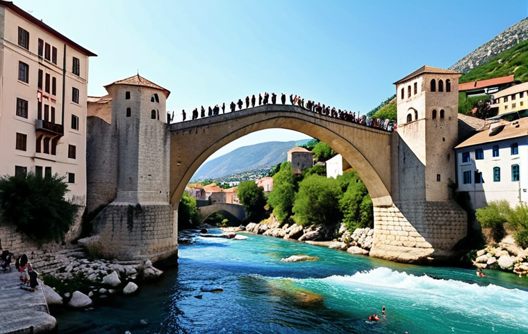 **A vibrant, sunlit scene of Mostar's Old Bridge (Stari Most) spanning the Neretva River, bustling with tourists. In the background, the historic buildings of the old town cascade down the riverbanks. Capture the lively atmosphere and the bridge's iconic arch.**