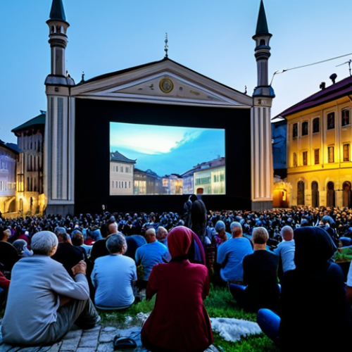 A diverse group of adults of varying ages, fully clothed in modest, smart casual attire, are deeply engaged in watching a film at an open-air screening. The background features the historic, resilient architecture of Sarajevo at dusk, subtly illuminated by the soft glow emanating from a large outdoor projection screen. The atmosphere is imbued with a sense of community, hope, and cultural celebration, embodying the festival's spirit of overcoming adversity. Perfect anatomy, correct proportions, natural pose, well-formed hands, proper finger count, natural body proportions, professional photography, cinematic lighting, high quality, safe for work, appropriate content, fully clothed, family-friendly.