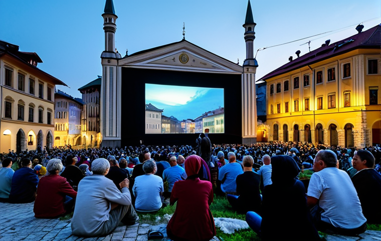 A diverse group of adults of varying ages, fully clothed in modest, smart casual attire, are deeply engaged in watching a film at an open-air screening. The background features the historic, resilient architecture of Sarajevo at dusk, subtly illuminated by the soft glow emanating from a large outdoor projection screen. The atmosphere is imbued with a sense of community, hope, and cultural celebration, embodying the festival's spirit of overcoming adversity. Perfect anatomy, correct proportions, natural pose, well-formed hands, proper finger count, natural body proportions, professional photography, cinematic lighting, high quality, safe for work, appropriate content, fully clothed, family-friendly.